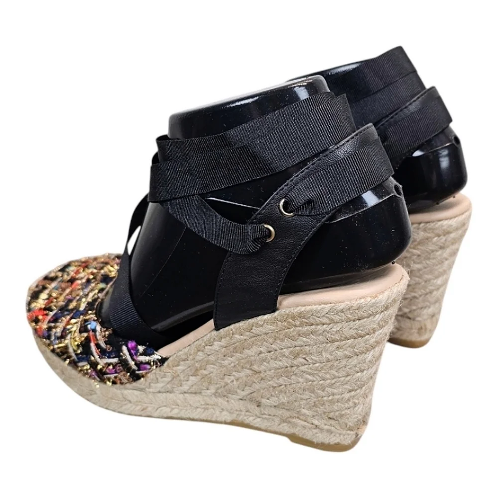 NEW! L.K. Bennett Tianna Black Tweed Espadrille Wedges Sz 37 7 Ankle Tie Preppy
